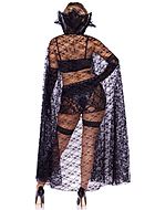 Vampyr, maskeraddräkt med topp och kjol i läderimmitation med blommig spets och stående krage